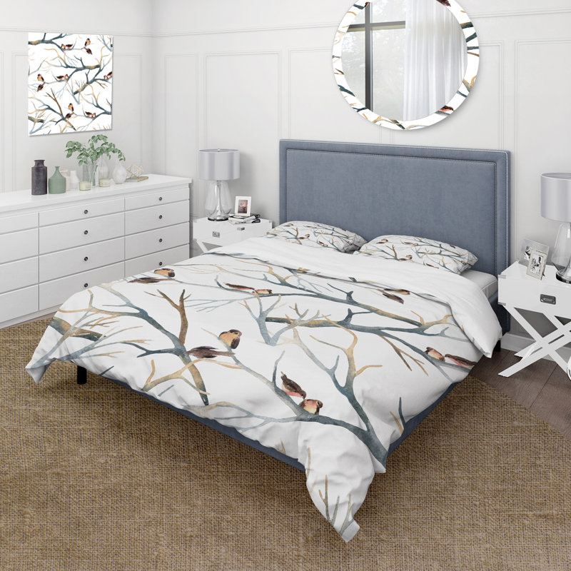 Little Birds On The Tree Branches I - Traditional Duvet Cover Set - Microfiber Polyester