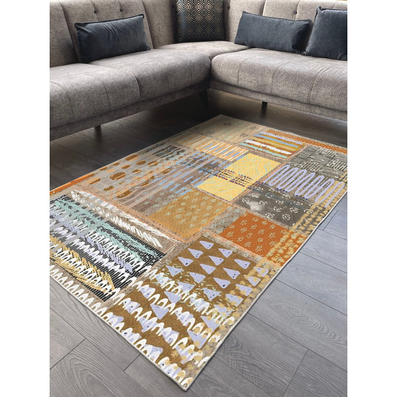 Tapis en chenille de coton à imprimé numérique orange et brun Nathen, Rectangle 5 pi 3 po x 5 pi 11 po