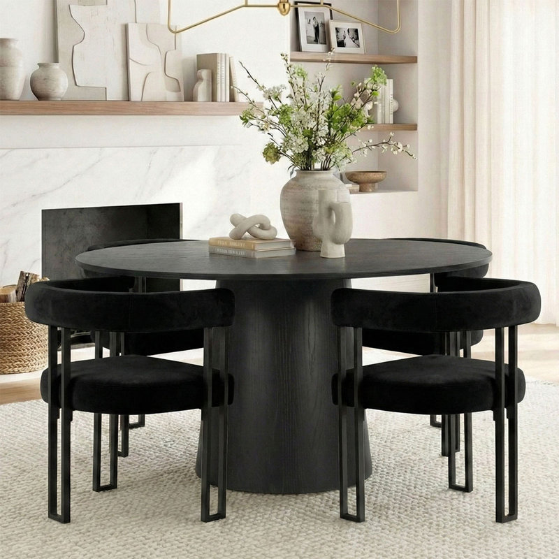 Ensemble de table de salle à manger pour 4 personnes Carlen avec table ronde de 52 po et 4 chaises rembourrées en velours