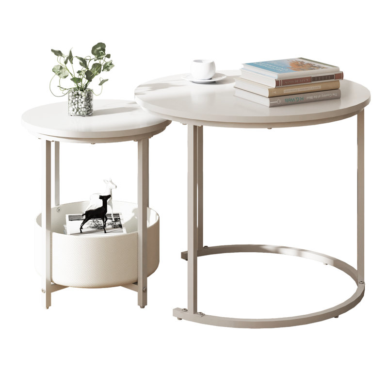Modern White 2-Piece Nesting Coffee Table Set with Storage Basket, Round Wood and Metal Side Tables for Living Room (Set of 2)