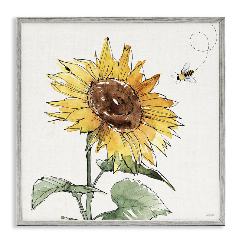 «Cheerful Sunflower Buzzing Bee» par Anne Tavoletti - Peinture sur bois, H 12 po x l 12 po x P 1,5 po