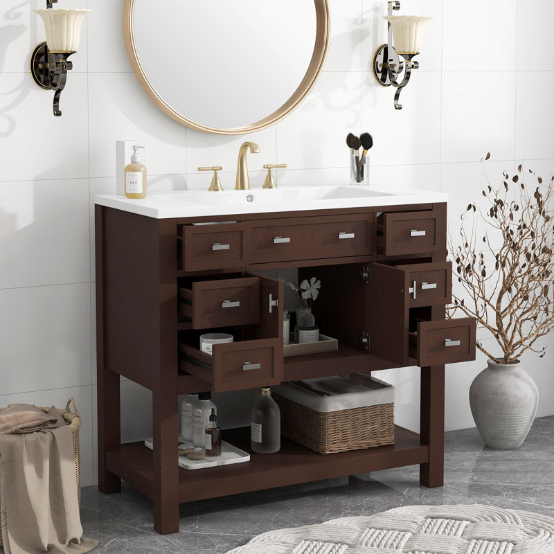 Armoire d'appoint 2 portes, meuble-lavabo de salle de bain avec lavabo supérieur, armoire de rangement de salle de bain avec tiroirs