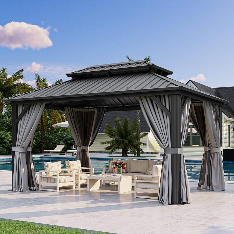 Aluminum Permanent Patio Gazebo with Double Roof, 14 Ft. W x 12 Ft. D