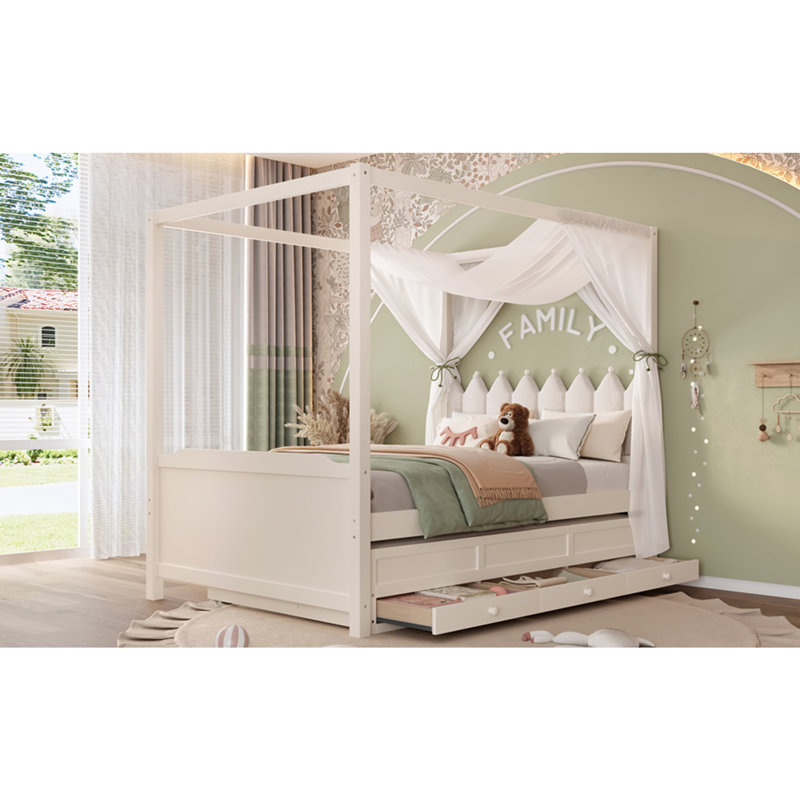 Cadre de lit à baldaquin pour enfants, rangement et assemblage facile Princess, Beige, Double