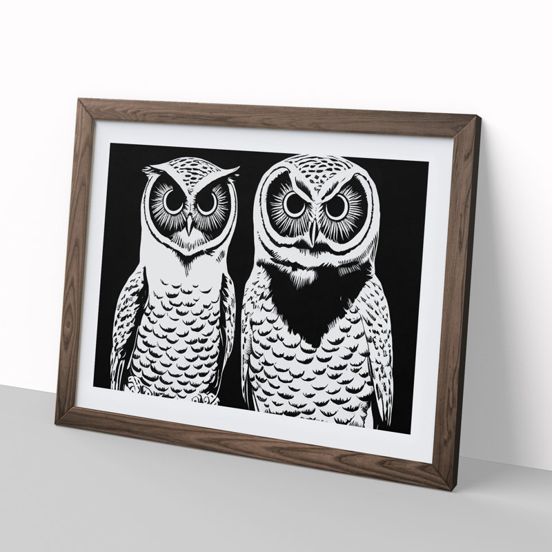 Monochrome Owls Vol.1 - Framed Print, 34cm H x 46cm W x 2cm D, Brown Framed