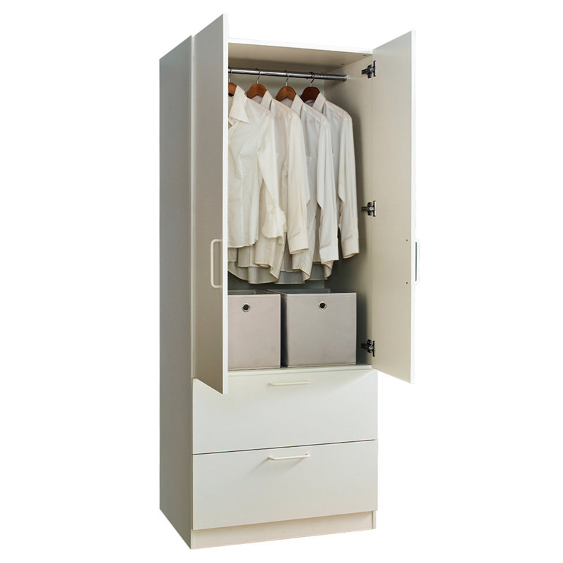 Armoire en bois à deux portes avec deux tiroirs et barres de suspension blanches Emma