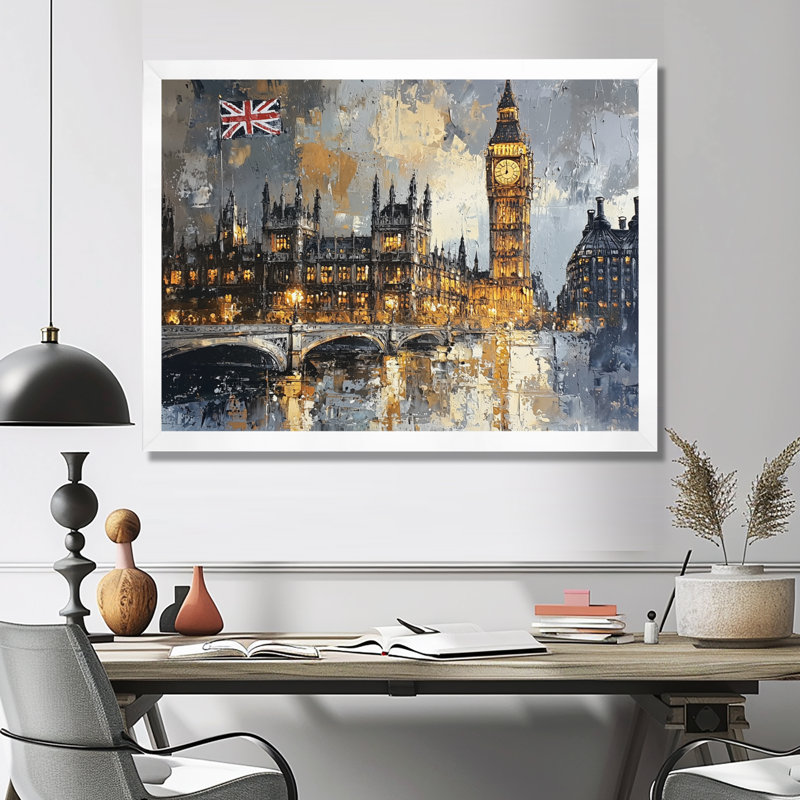 London Big Ben Landscape Glow I - London, art mural, H 12 po x l 20 po, Reproduction encadrée d'une seule photo, Blanc