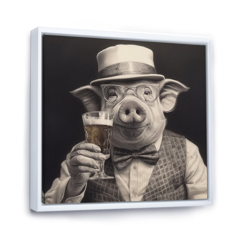 Cochon ayant un verre - Art mural, H 30 po x l 30 po x P 1 po, Cadre flottant blanc