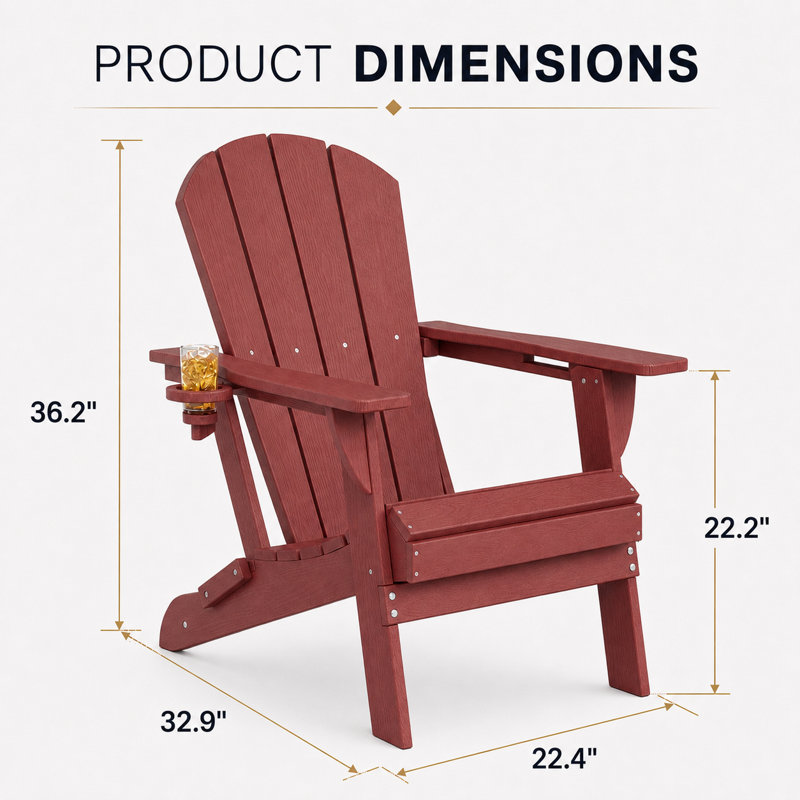 Chaises Adirondack pliantes en PEHD, texture bois, porte-gobelet, matériau PEHD toutes saisons, Terra Cotta