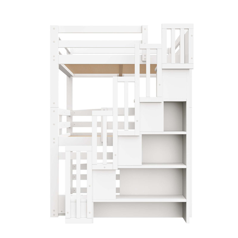 Triple lit superposé avec escalier de rangement et conception séparée, White