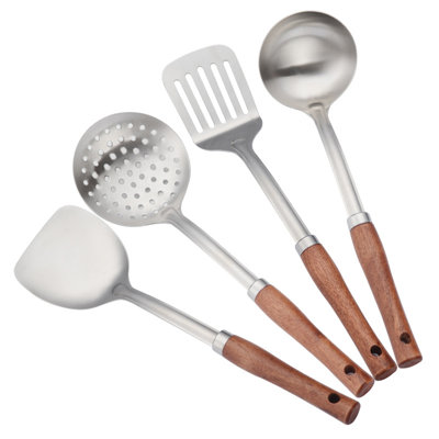 4Pcs 304 Stainless Steel Wooden Utensil Set - Kitchen Spatulas, Spoons And Ladle For Non-Stick Cookware