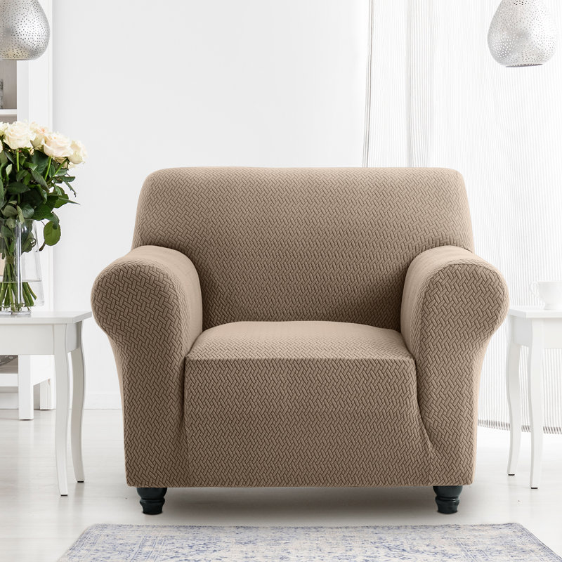 Durable Spandex Stretch Sofa Cover - Jacquard Pattern Sofa Slipcover & Furniture Protector, Coffee/Sand