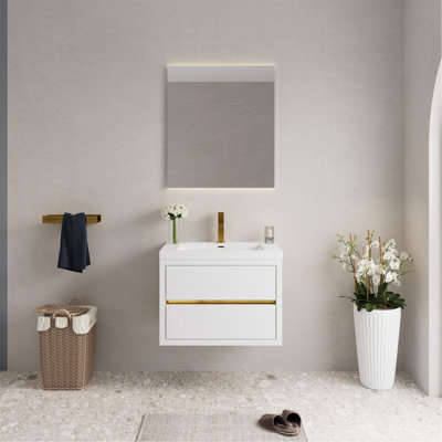 Meuble-lavabo mural 30 po avec lavabo, meuble de rangement flottant pour salle de bain avec comptoir en résine de pierre et tiroirs à fermeture en douceur entièrement assemblés, blanc brillant