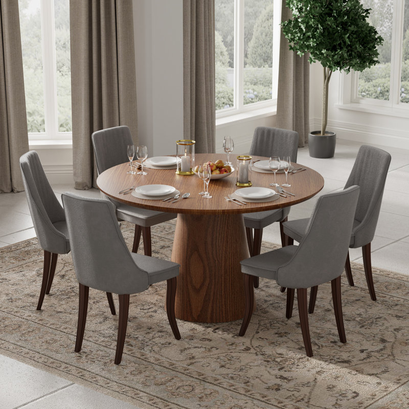 Rpund Modern Farmhouse Dining Set with Linen Dining Chair Set for Dining Room, 7 Pieces: Table, 6 Chairs, Beige, Walnut