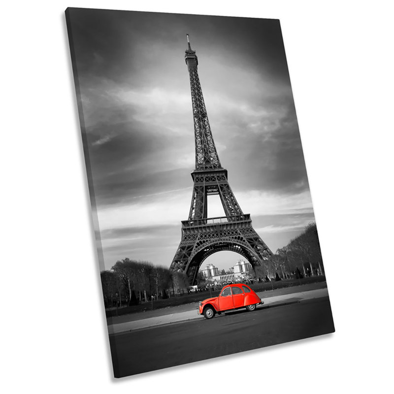 Eiffel Tower Retro Red Car Paris - Wrapped Canvas Print, 45.7cm H x 30.5cm W x 2cm D