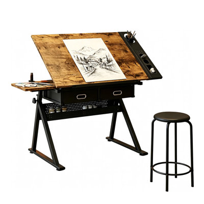 Table à dessin à hauteur réglable, bureau de dessin inclinable à 0 à 75 °, plateau en bois d'ingénierie brun rustique et base en métal, poste de travail polyvalent pour le bureau, la salle d'étude et le studio d'art
