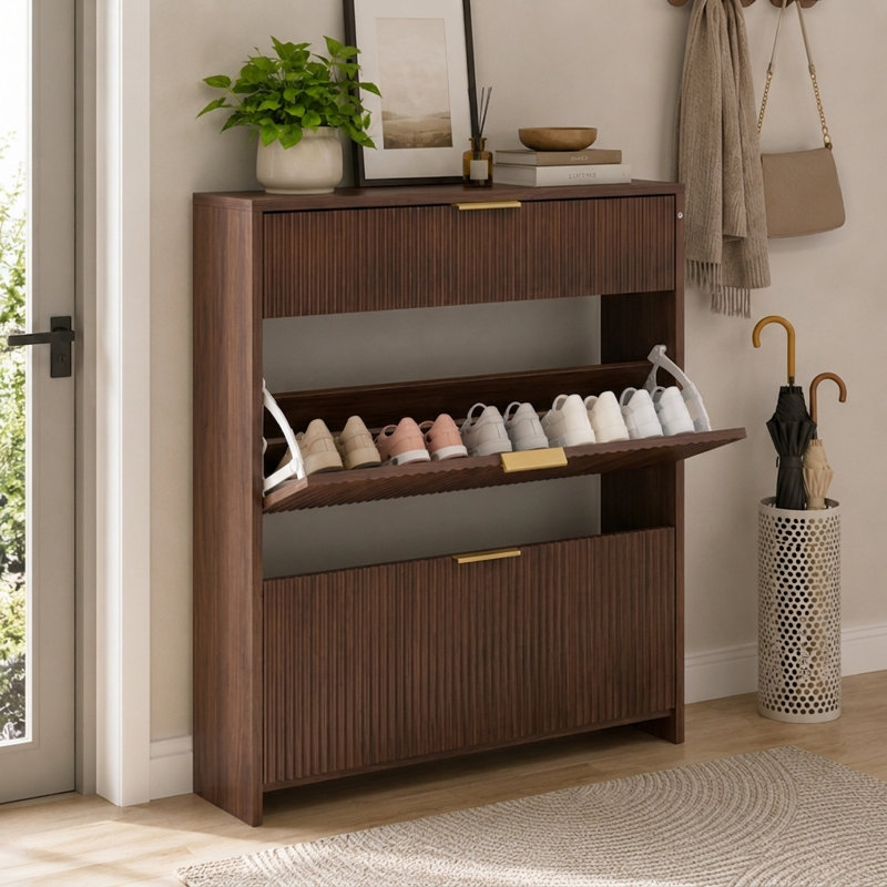 Narrow Fluted Shoe Storage Cabinet with Flip Drawers, Slim Entryway Shoe Organizer with Pull-Out Drawer & Gold Handles