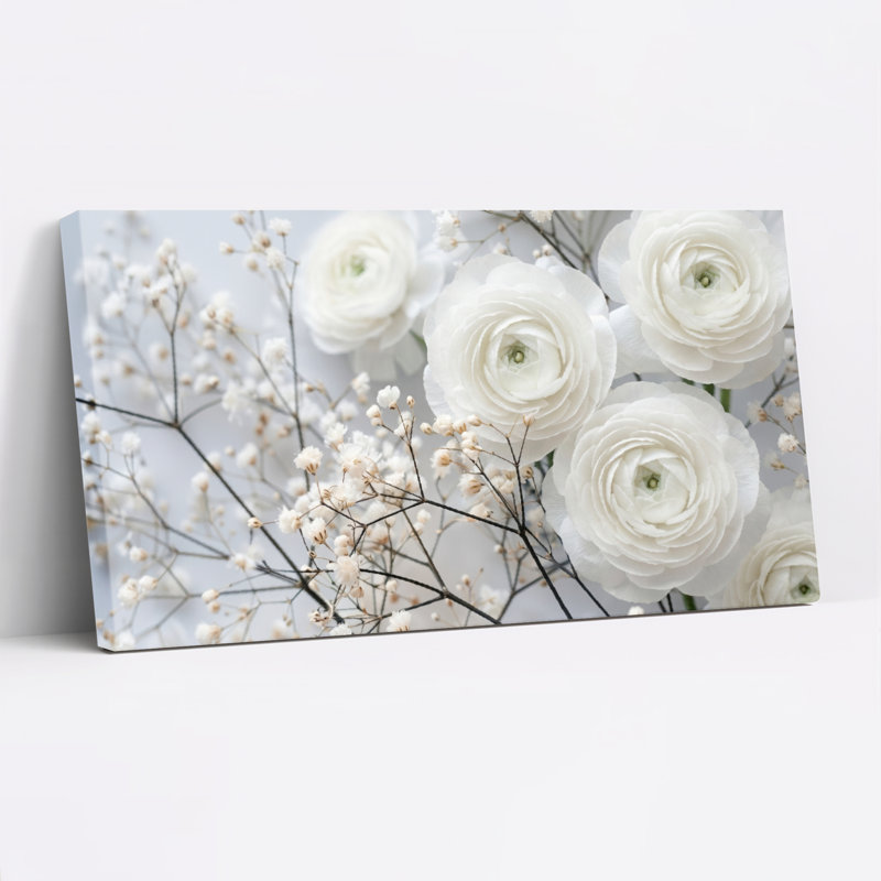 Fleurs blanches, art mural sur toile, ensemble de 1, Wrapped Canvas, L 32 po x H 16 po