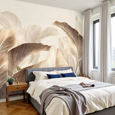 Peel and Stick Wallpaper 96" W x 69" H Modern Self Adhesive Wall Mural for Bedroom Abstract Botanical Art Tropical Leaf Line Brown Luxury Exotic Plants
