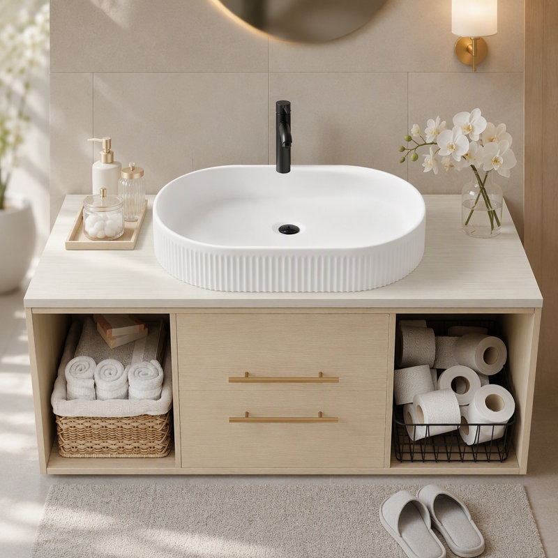 Meuble-lavabo mural moderne 39,4 po avec meuble-lavabo flottant ovale en céramique massif, Bois