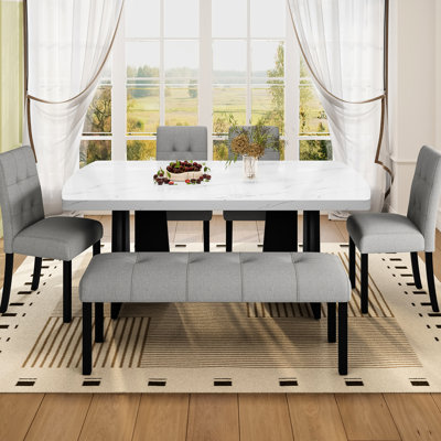 6 Piece Modern Dining Table Set, 63" Faux Marble Dining Table With Geometric Legs & 4 Upholstered Chairs & 1 Bench, Suitable For Dining Kitchen Room,Easy To Assemble, Beige + White