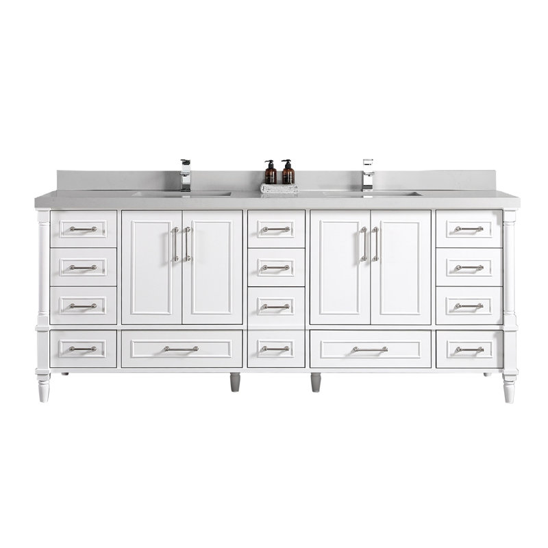 Ensemble de meuble-lavabo double 84 po Flavell, Quartz de Carrare, bordure droite, Blanc