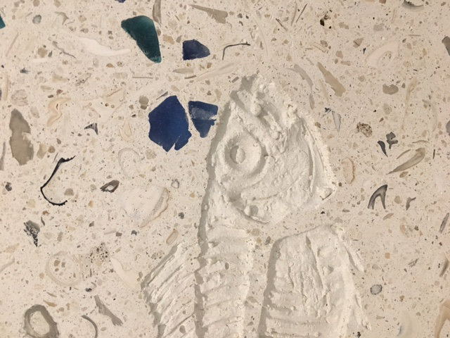 6" x 6" SeaStone Bevel Edge Cement Fish Head Fossil Impression Medallion Tile in Beige
