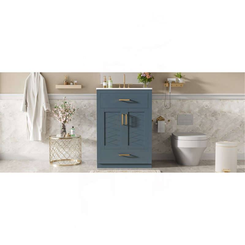 Meuble-lavabo 24 po avec lavabo intégré en céramique, meuble-lavabo à 2 portes, 1 tiroir basculant et meuble-lavabo simple pour salle de bain de petite et moyenne taille, bleu