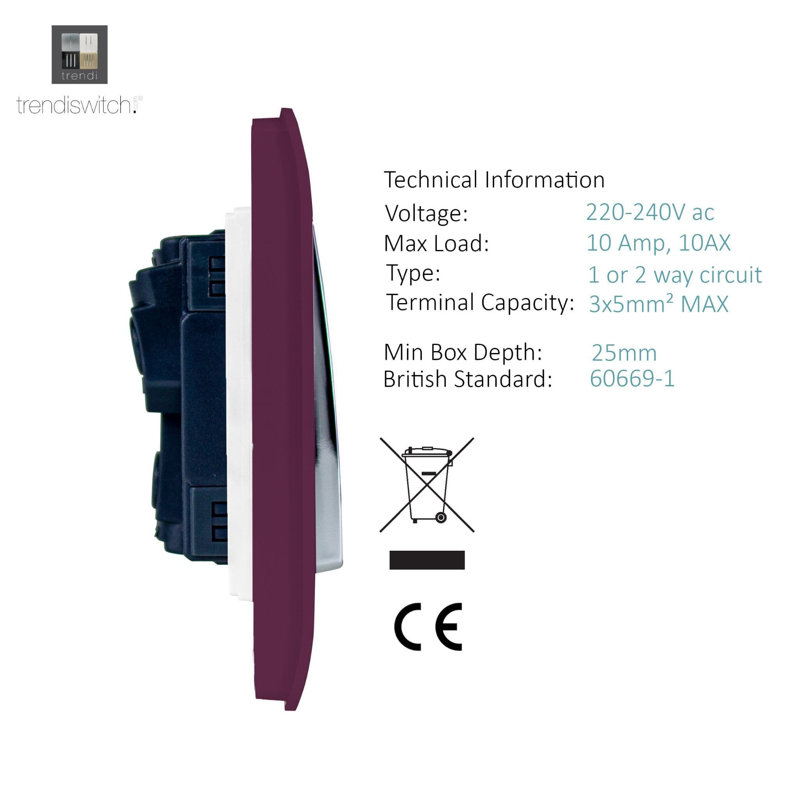 Trendi Switch 2 Gang 1 or 2 way Rocker Light Switch, Plum