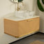 Meuble-lavabo flottant 36 po avec lavabo vasque en marbre et plateau en pierre frittée 36 po, armoire en contreplaqué en noyer foncé ou chêne clair, garniture dorée, capteur à DEL, pré-assemblé-370944335