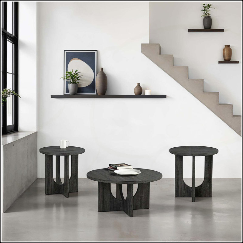 Ensemble de tables 3 pièces de style contemporain avec tables basses et tables de bout rondes, base arquée pour intérieurs modernes