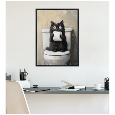 Drôle de chat noir, rouleau de papier toilette, art de la salle de bain par The Creative Bunch Studio, reproduction d'art sur toile encadrée