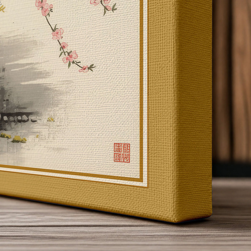 Blossoms Over Mist Japandi - Wrapped Canvas, 36x24 - 91.4 x 61.0 cm, Ochre Border