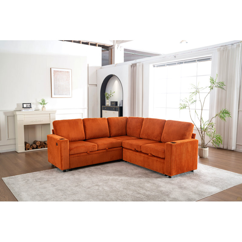 Sectional Sleeper Sofa With Pull Out Bed, Modular Corner Sofa With Storage, Sectional Couches, Orange