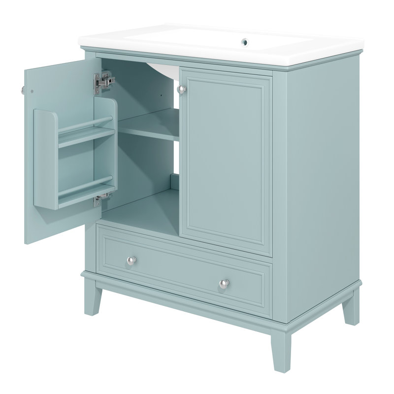 Meuble-lavabo moderne de 30 po avec lavabo encastré, panneau de rangement en bois massif et tablette réglable dans l'armoire, panneau de section amovible en peuplier, rangement argenté fonctionnel