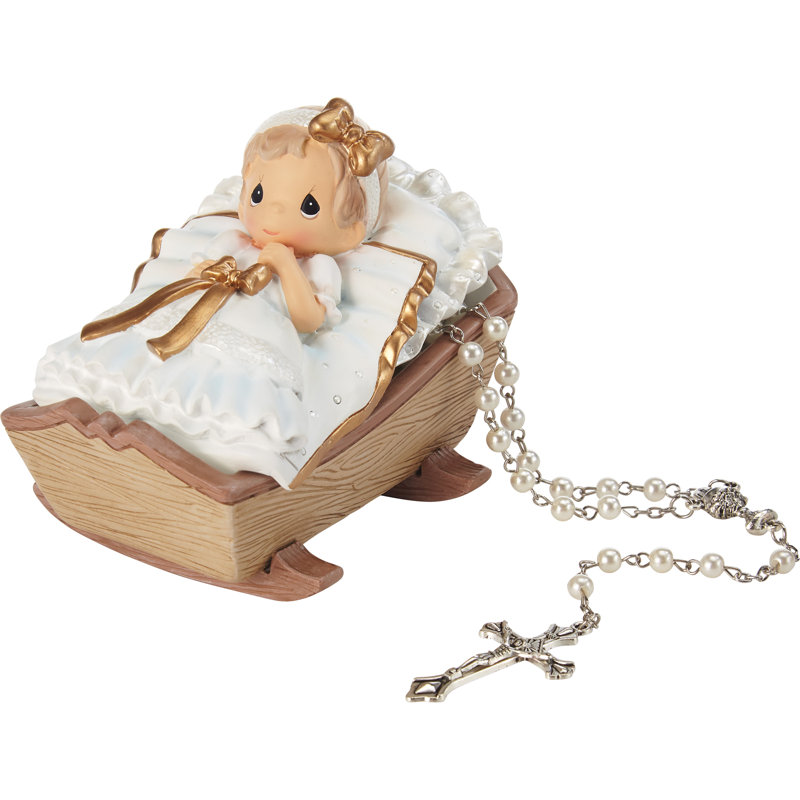 Precious Moments Baby in Cradle Baptism 2-Piece Rosary and Covered Trinket Box Set 3 Inch