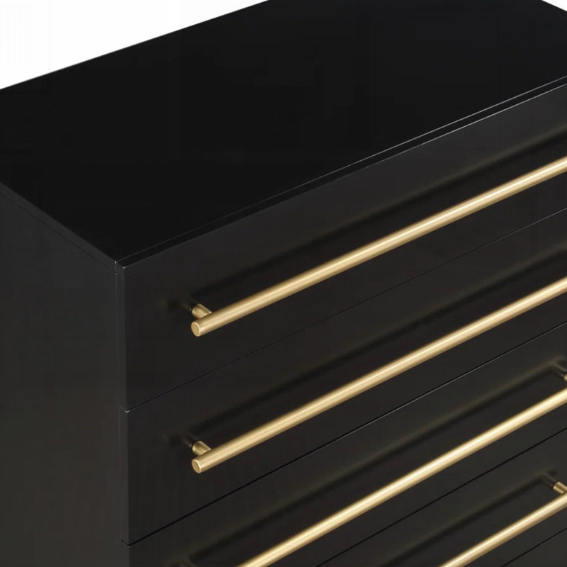 Commode élégante à 5 tiroirs avec pieds en métal brossé et assemblage facile pour les intérieurs modernes, Noir et or