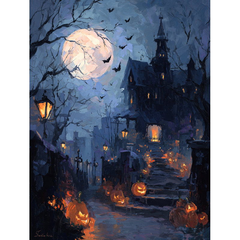«Creepy Haunted House with Pumpkins», art mural sur toile tendue, H 24 po x l 16 po