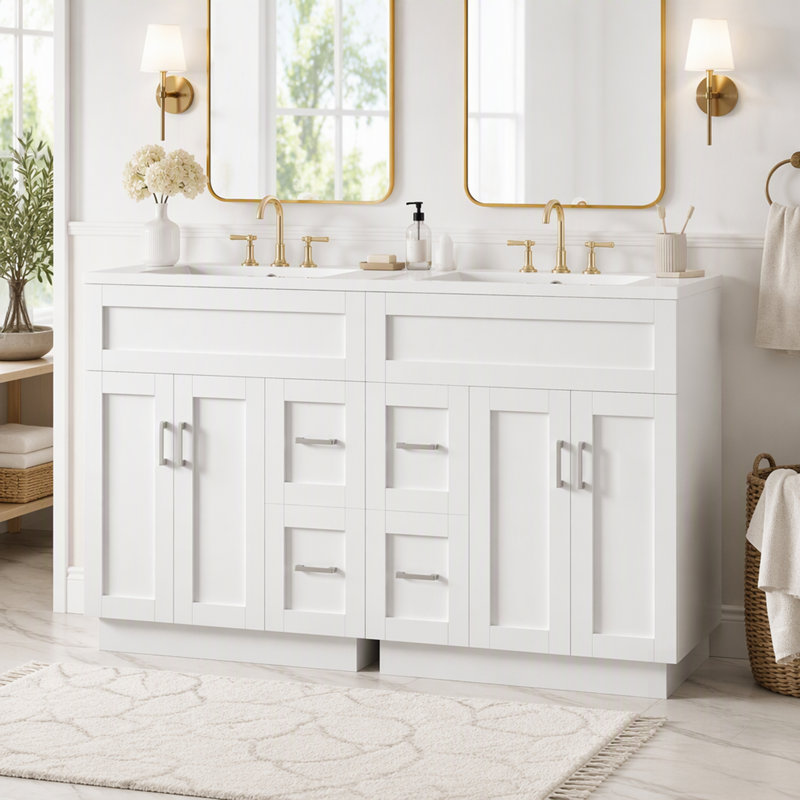 Bathroom Vanity with Top, White+Silver, Center Drawers, 60"W