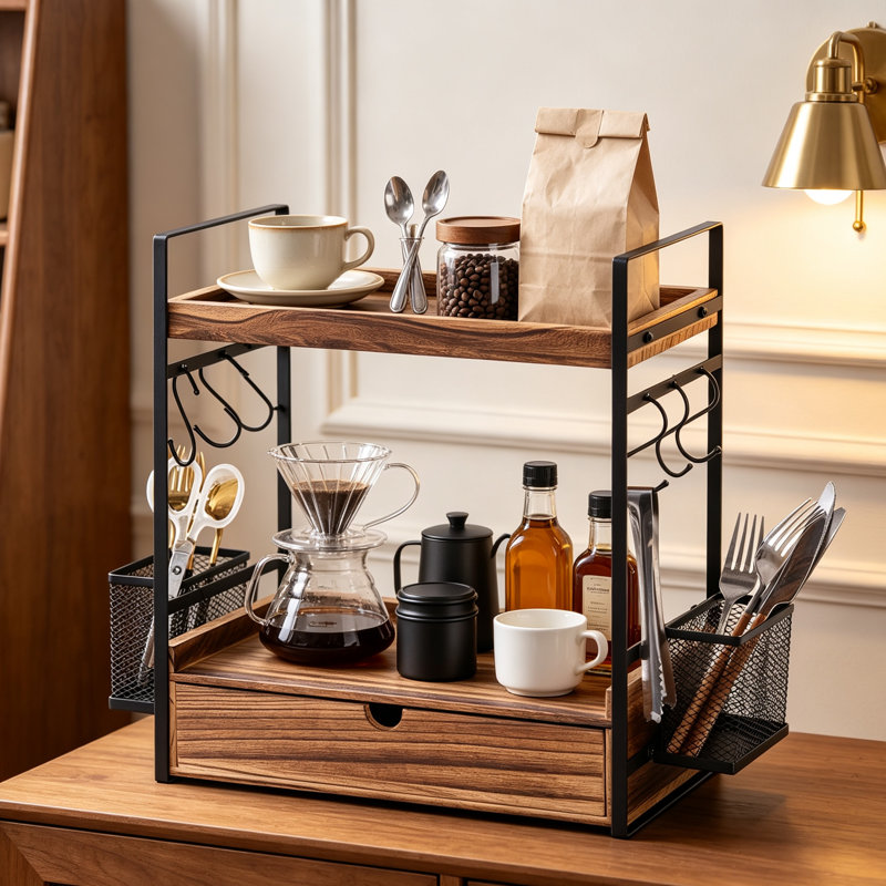 3-Tier Coffee Station Organizer with Drawer, Baskets & Hooks
