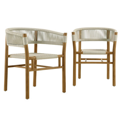Vienna Outdoor Patio Teak And Rope Curved-Back Dining Armchairs Set Of 2 In Natural