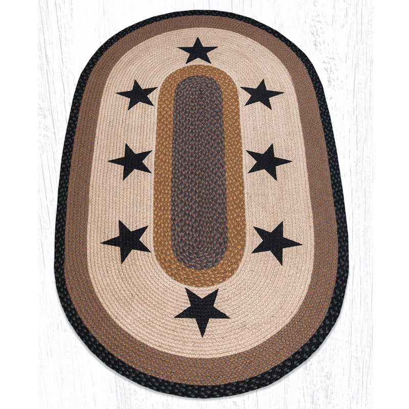 Earth Rugs Black Stars Oval Patch Tread Rug Wool Blend, Primitive Americana Design with Hand-Stitched Star Motif
