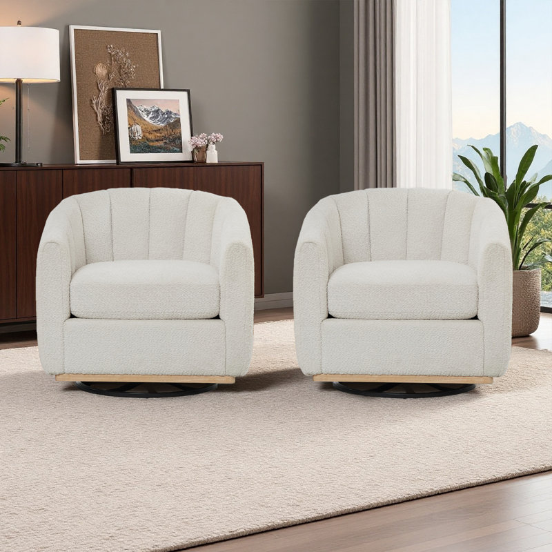31.89" W Chenille Upholstered Channel Tufted 360° Swivel Barrel Chair with Metal Base (Set of 2), Beige