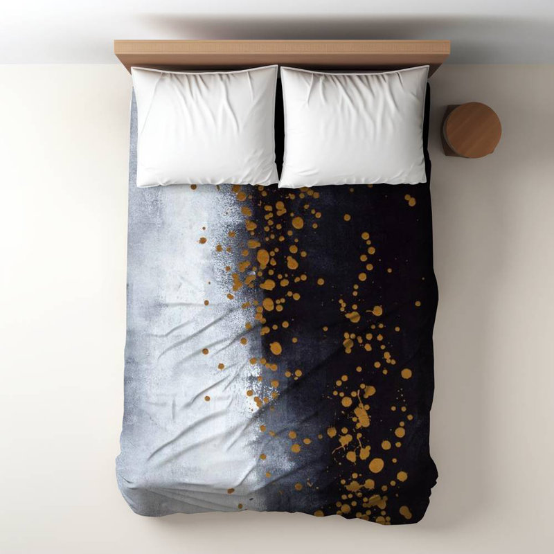 Polyester Sateen Duvet Cover, Twin Duvet, Blue Two Shades Of Gray With Gold Dots