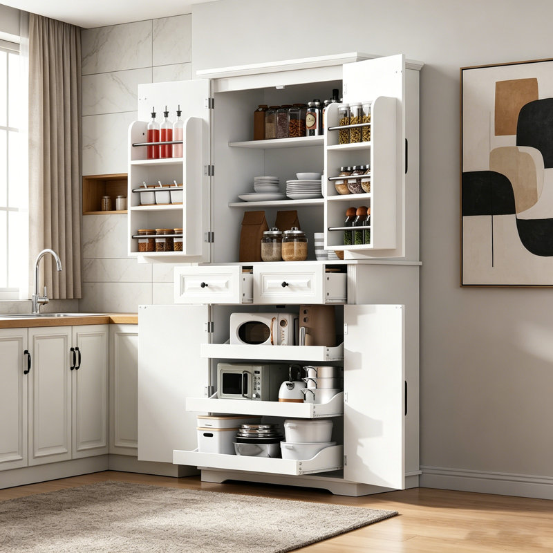 Grand garde-manger avec 3 organisateurs coulissants, texture en relief campagnard, 6 tablettes de porte et 2 tiroirs pour un rangement efficace