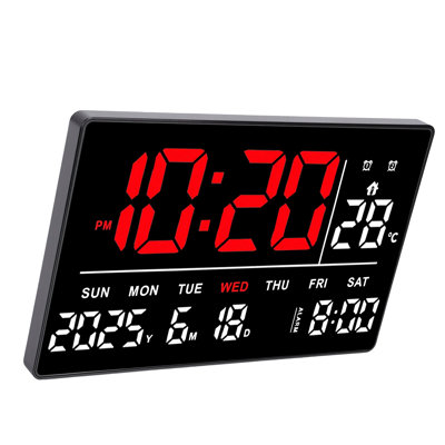 LED Digital Wall Clock Time Date Temperature Display Calendar Dimmable Brightness Alarm for Home Offices Desk