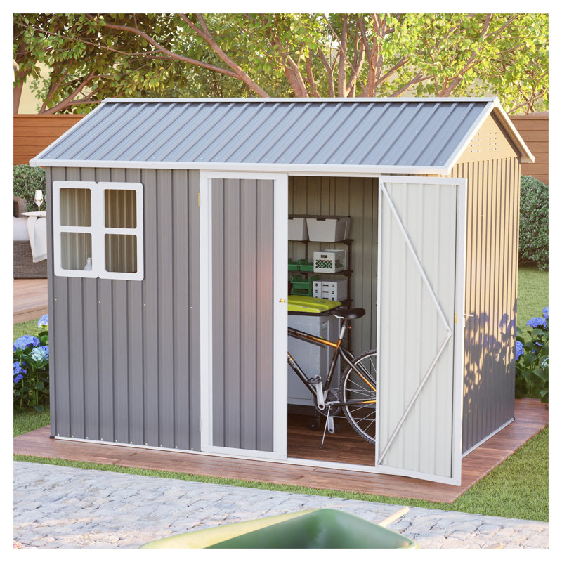 Remise de rangement en acier robuste de 8 pi x 6 pi avec fenêtre et portes verrouillables, remise à outils en métal pour le jardin, la cour arrière et le patio - Gris foncé