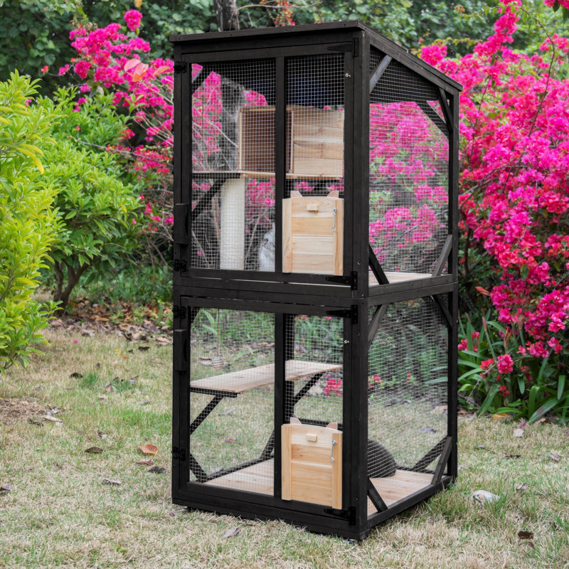 71"H Fir Wood 4-Tier Catio Outdoor Cat Enclosure with Removable Floor, Scratching Post and Wheels