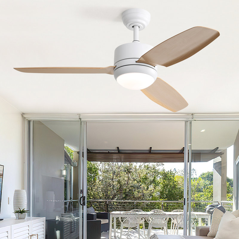 117CM 3-Blade Ceiling Fan with Lights, Remote Control, Light Yellow Wood, White
