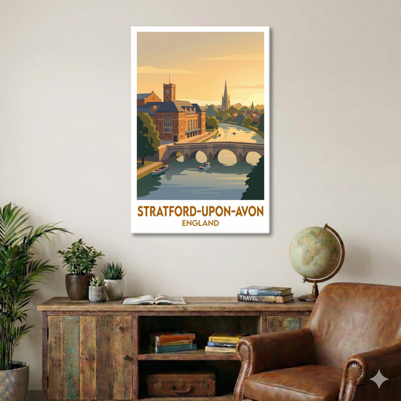 Stratford-upon-Avon, England - Romantic Riverbank Travel Poster. Giclee Print On Wrapped Canvas. Wall Art, Home Decor - Cities & Towns, England - Wrapped Canvas Print